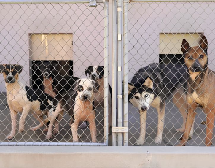 7 dogs of various sizes in kennel at shelter.