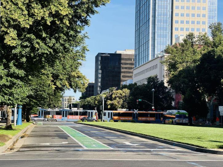 Downtown Sacramento, streets, buildings, bike lane, public transit, trees