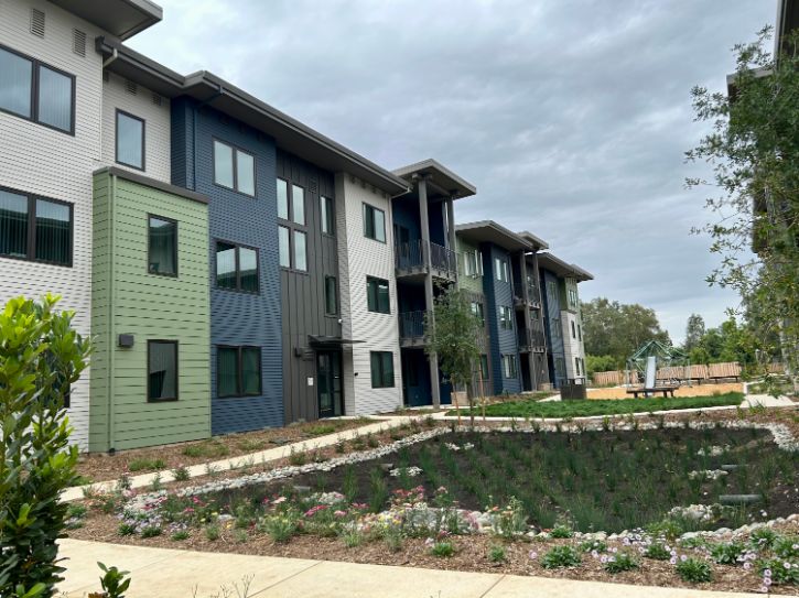 Apartment complex, garden, trees