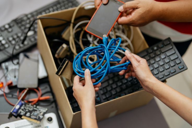 Hands holding tangle cable. Cardboard box full of cables and old keyboard.