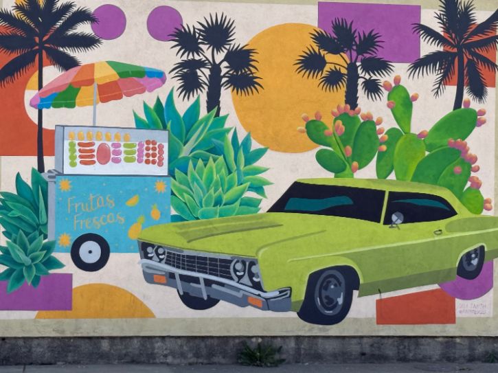 Painting of car, trees, plants