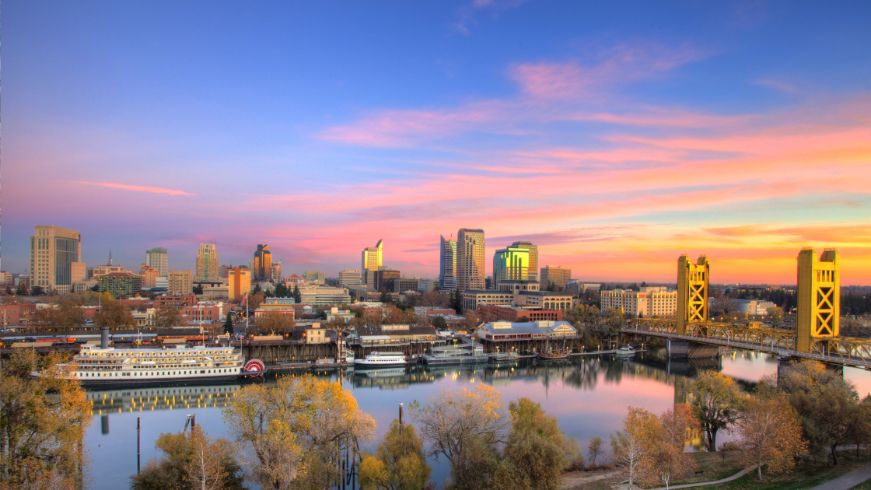 Sacramento city skyline, river, Tower Bridge, Old Sacramento Waterfront