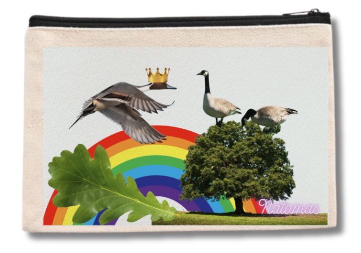 Collage of birds, tree, leaf, rainbow