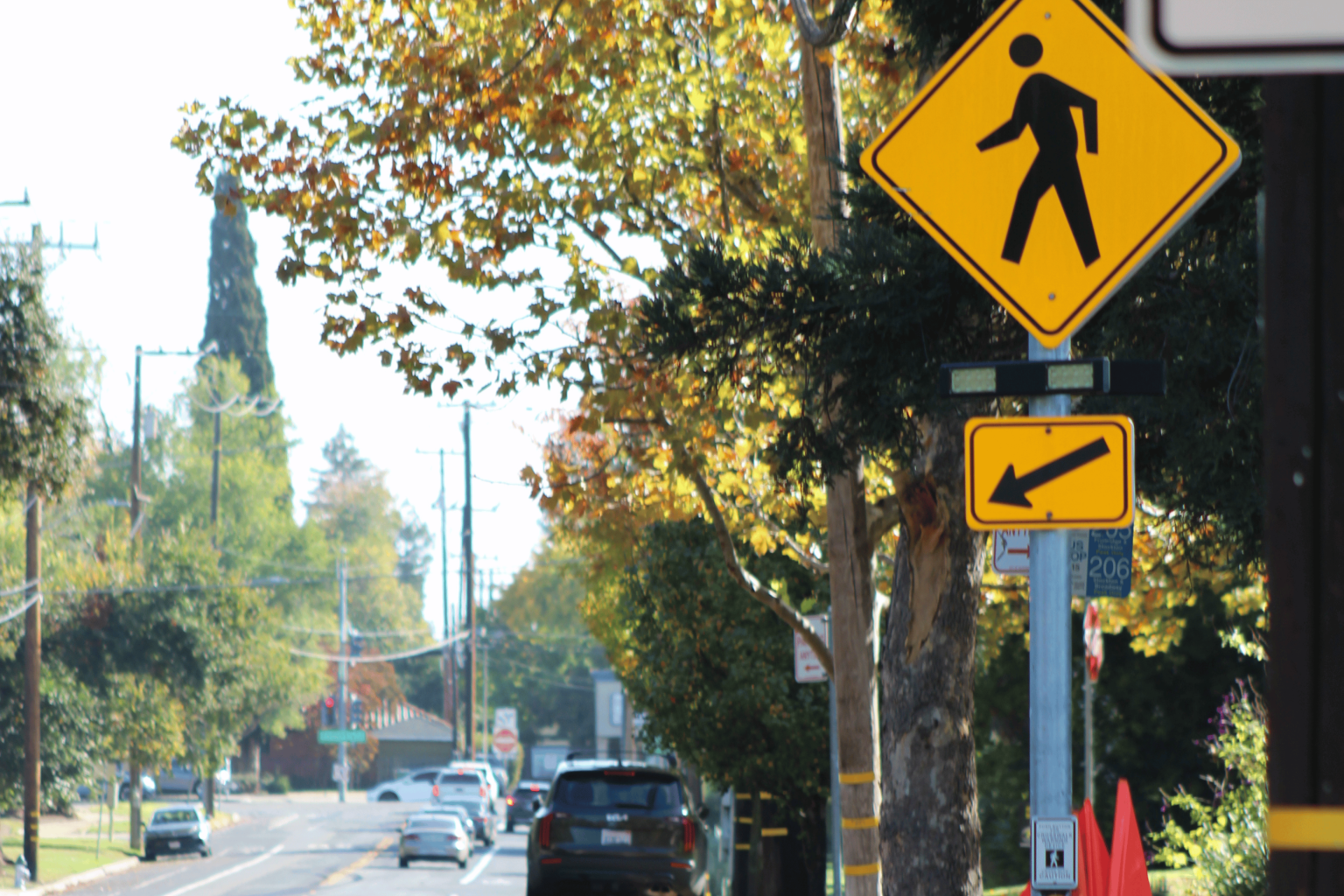 Pedestrian crossing street sign, cars, street, trees