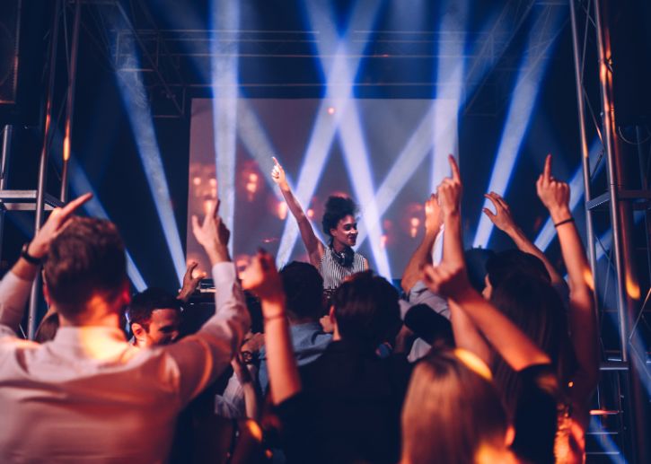 DJ, crowd, lights, dancing
