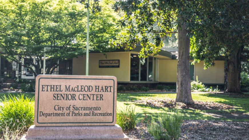 Hart Senior Center in Sacramento. Trees, grass