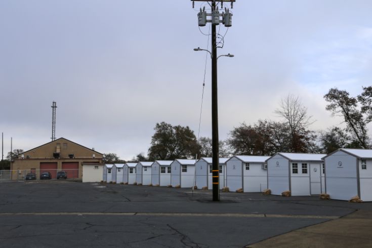Roseville Road campus, white pallet homes