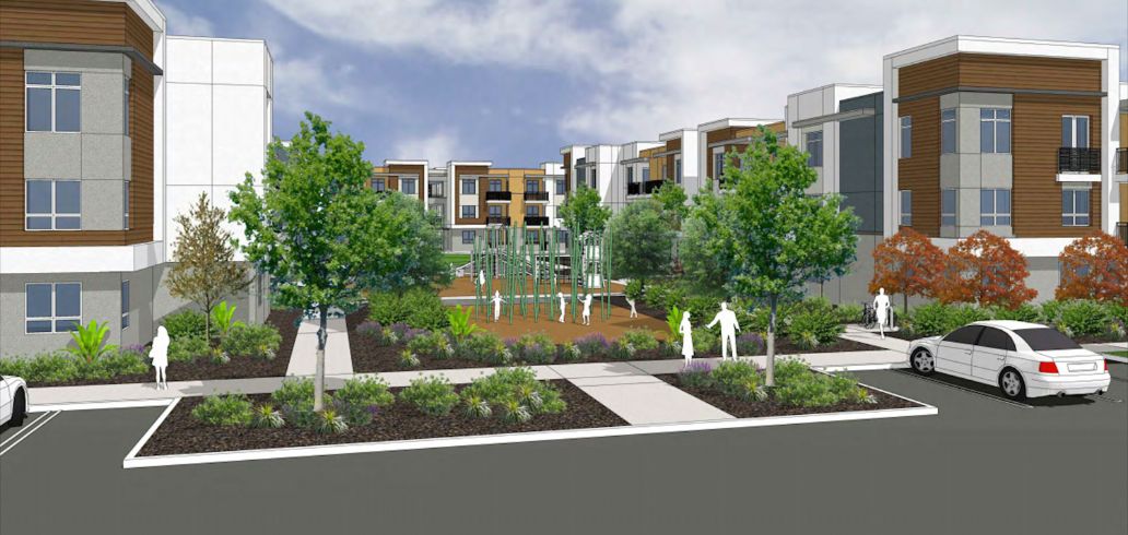 Rendering of South Natomas homes, cars, trees, apartments