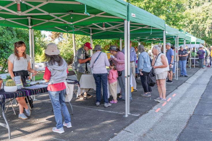 Green pop up covers, people at booths