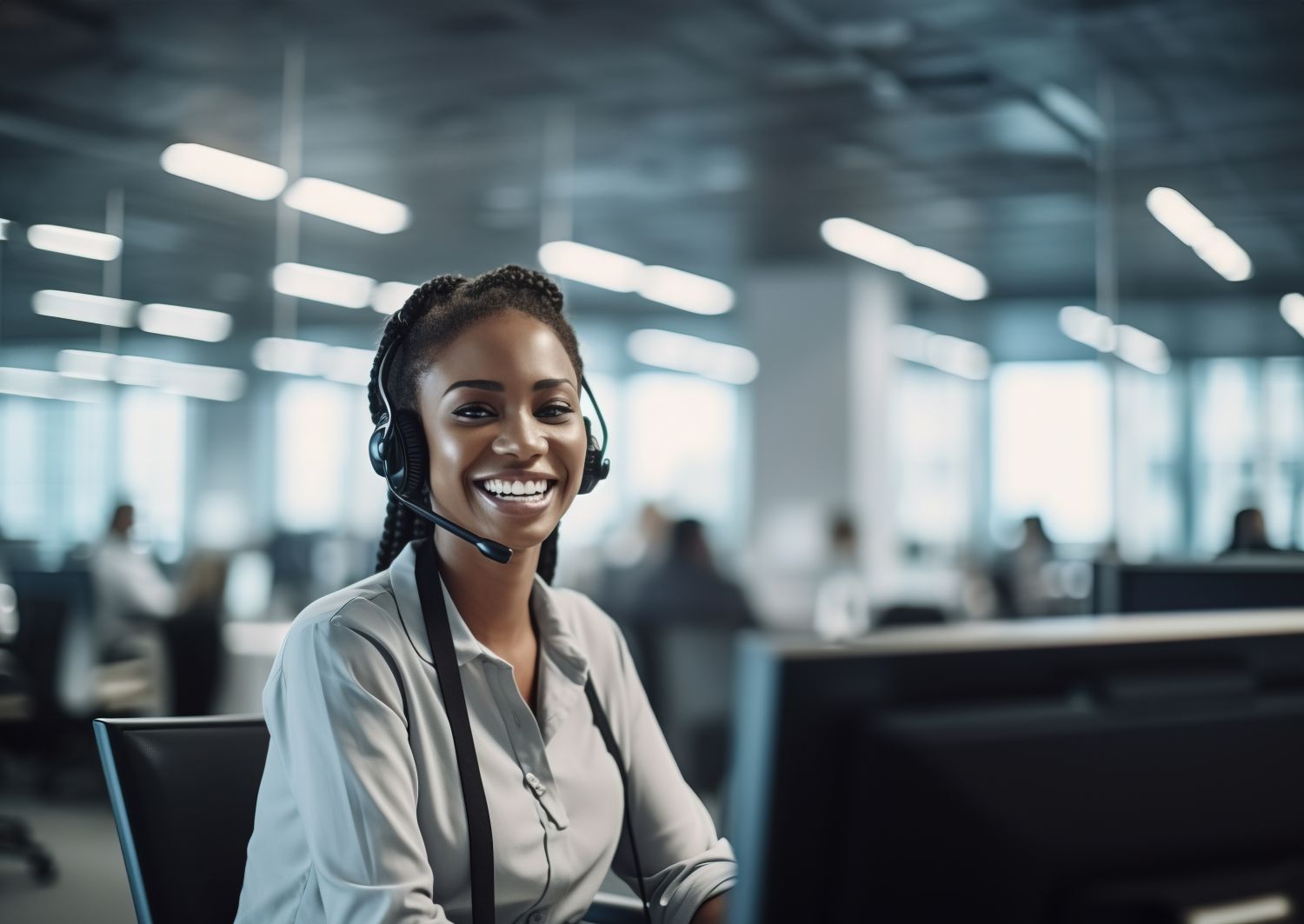 A woman wearing a gray collared shirt and headset sitting in an office