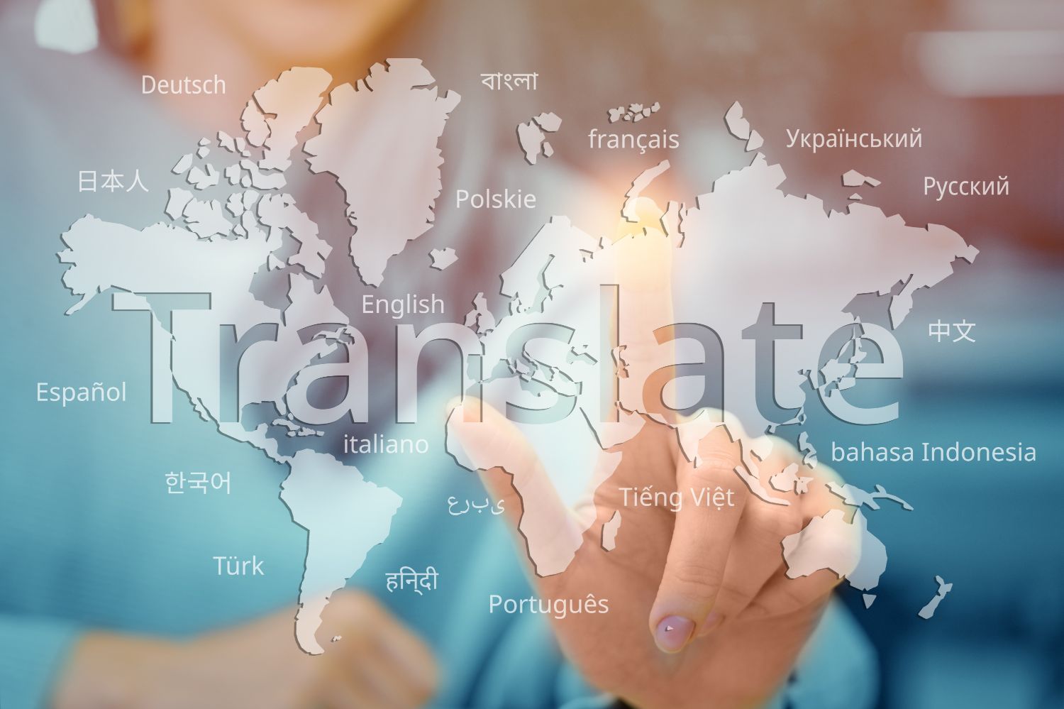 Image of a transparent world map with the word translate going across the image and a finger pointing to the map