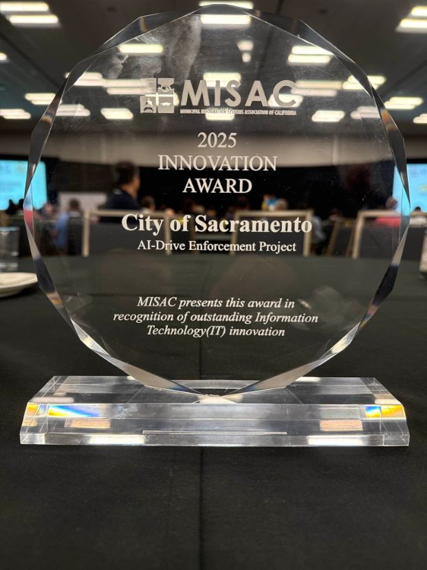 Clear award plaque that says "MISAC 2025 Innovation Award City of Sacramento'"