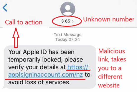 SMS screenshot showing things to notice in smishing scam: unknown number, call to action link, link takes you to different website than the one listed/intended.