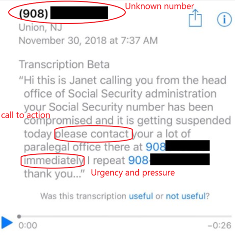 Voicemail screenshot showing things to notice in vishing scam: unknown number, call to action, urgency and pressure.