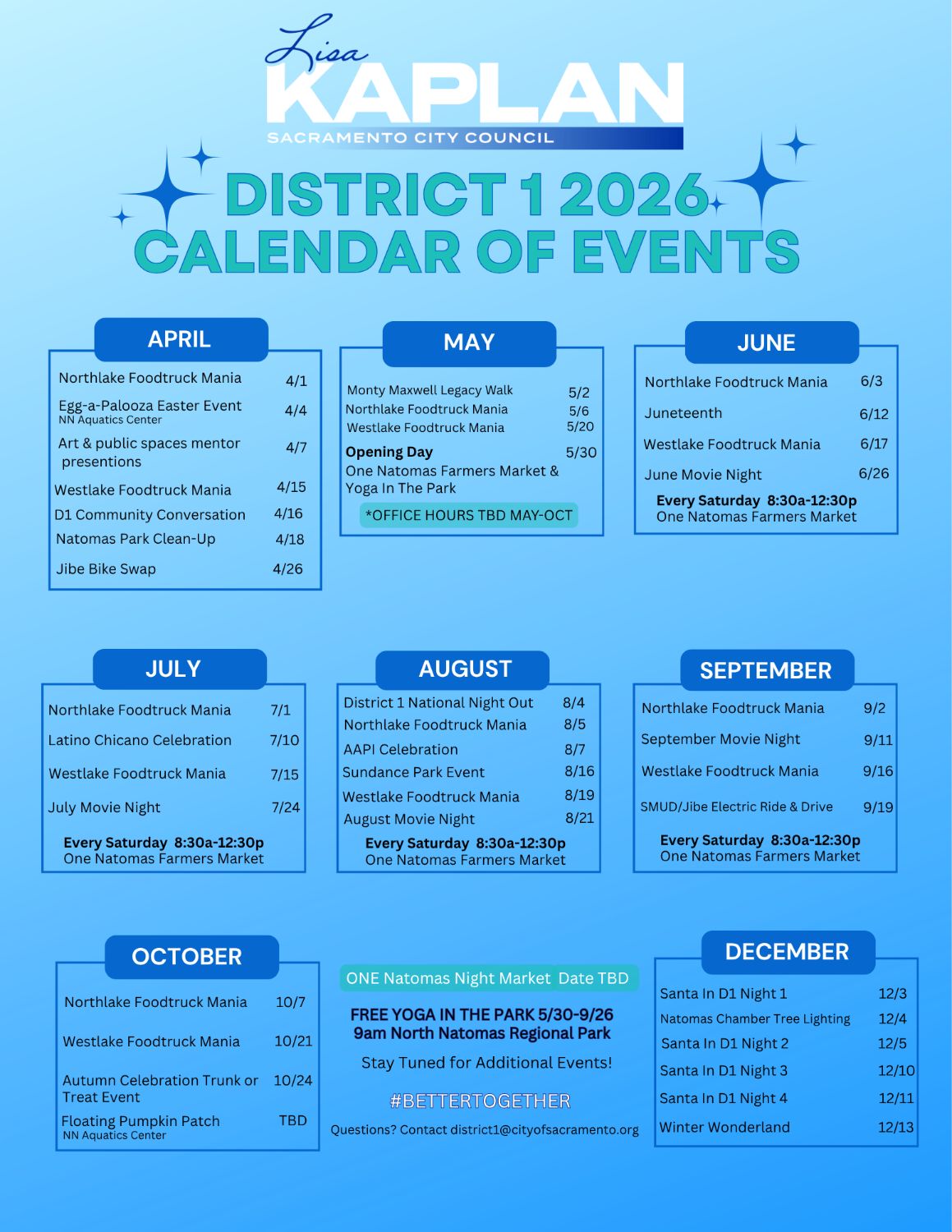 An image listing the dates of every community event being hosted by Councilmember Kaplan's office in 2025.
