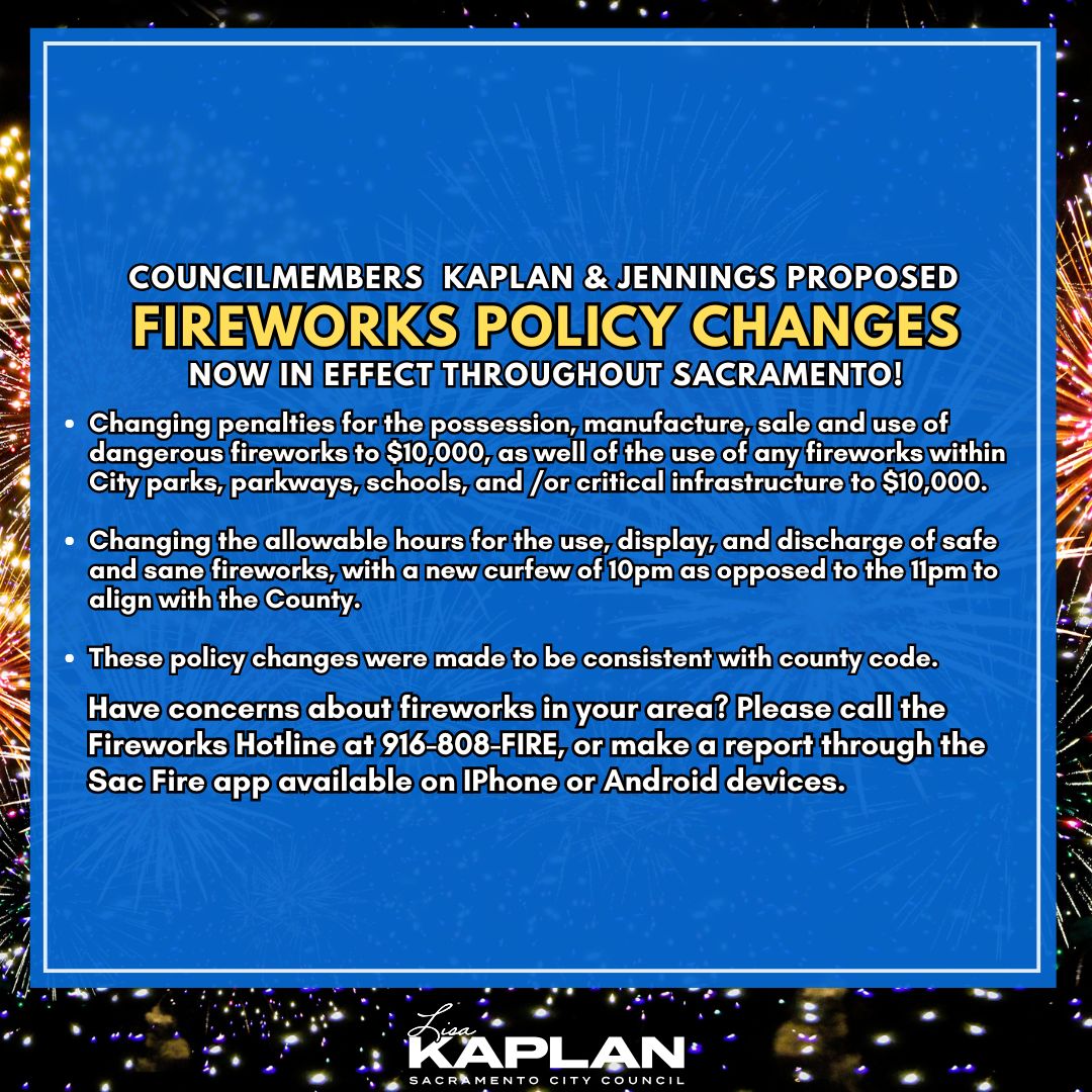 A blue graphic with white text explaning the changes made to the City's fireworks ordinance
