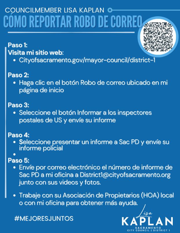 Una imagen en azul y blanco que explica cómo denunciar incidentes de robo de correo.