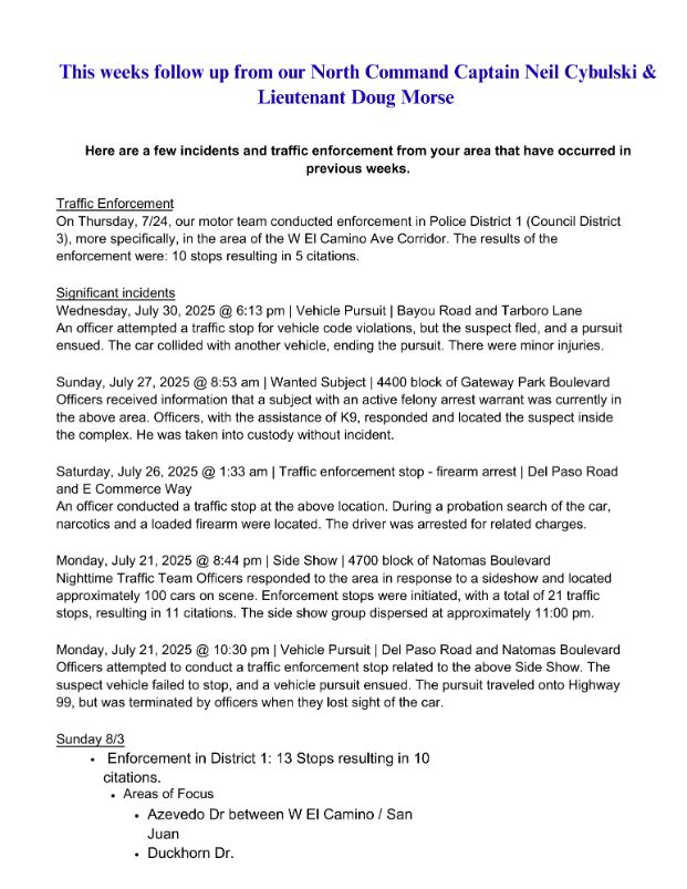 Text listing updates from our local Sacramento Police Department Area Captain