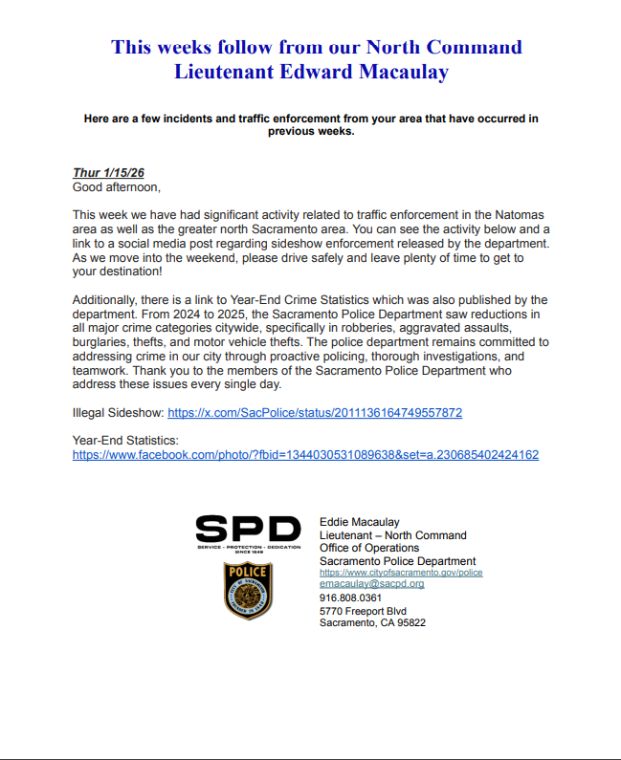 Text listing updates from our local Sacramento Police Department Area Captain