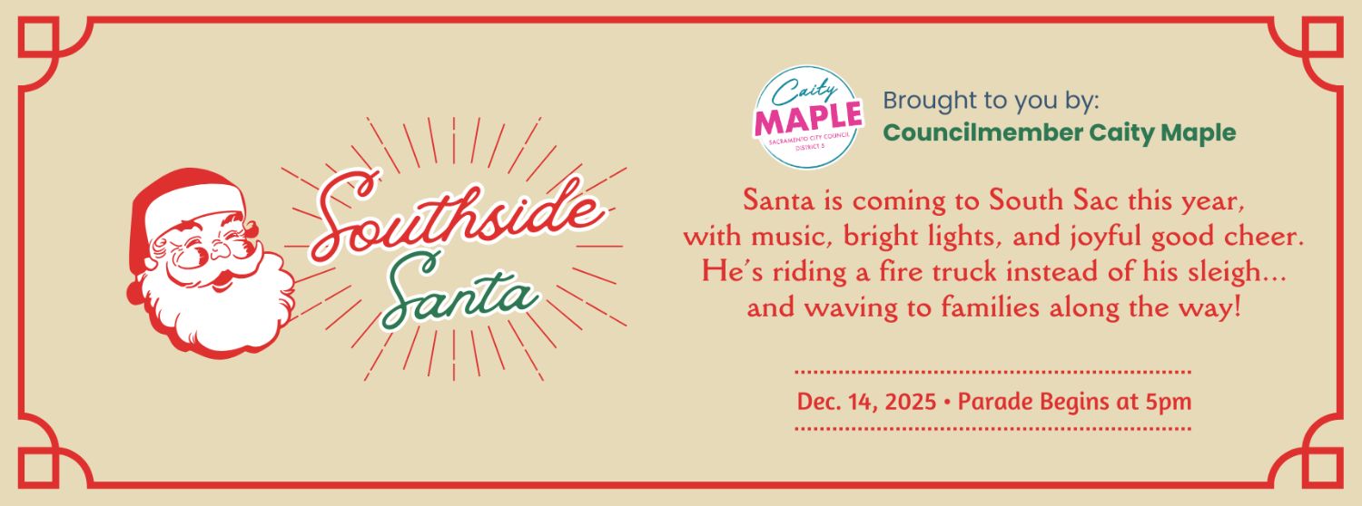 Southside Santa event banner with a picture of Santa's face and a reminder that the parade will be December 14th at 5 PM.