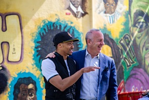  Mayor Steinberg poses with Bboy Morris, breakdancer and Olympic hopeful, at the Arts Culture and Creativity Month celebration at McClatchy Park in April 2022.