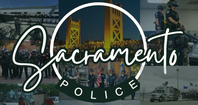 The words "Sacramento Police" are written over a decorative collage of photographs taken of officers training various tasks at our academy
