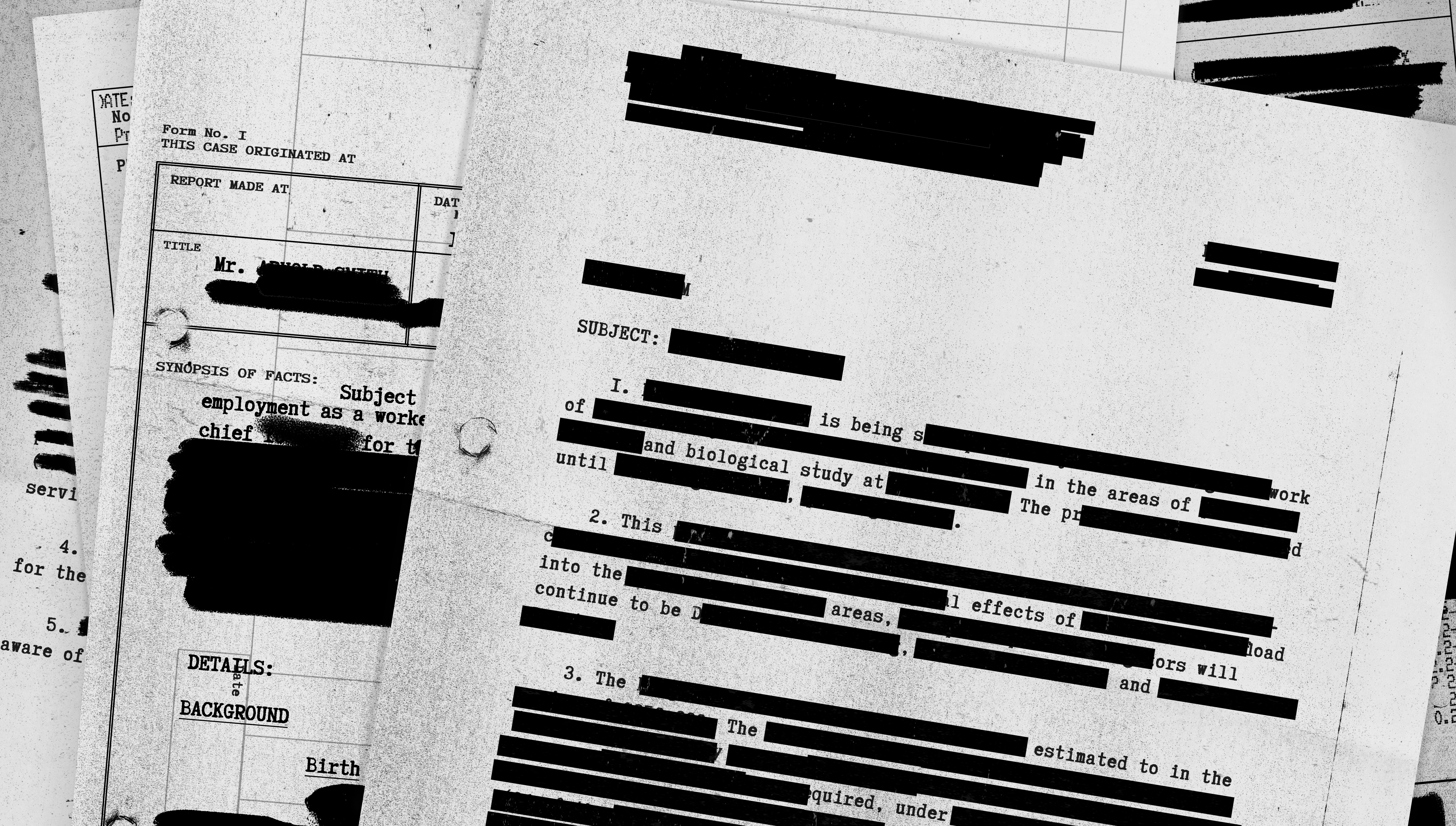 Redacted document montage with photocopy textures