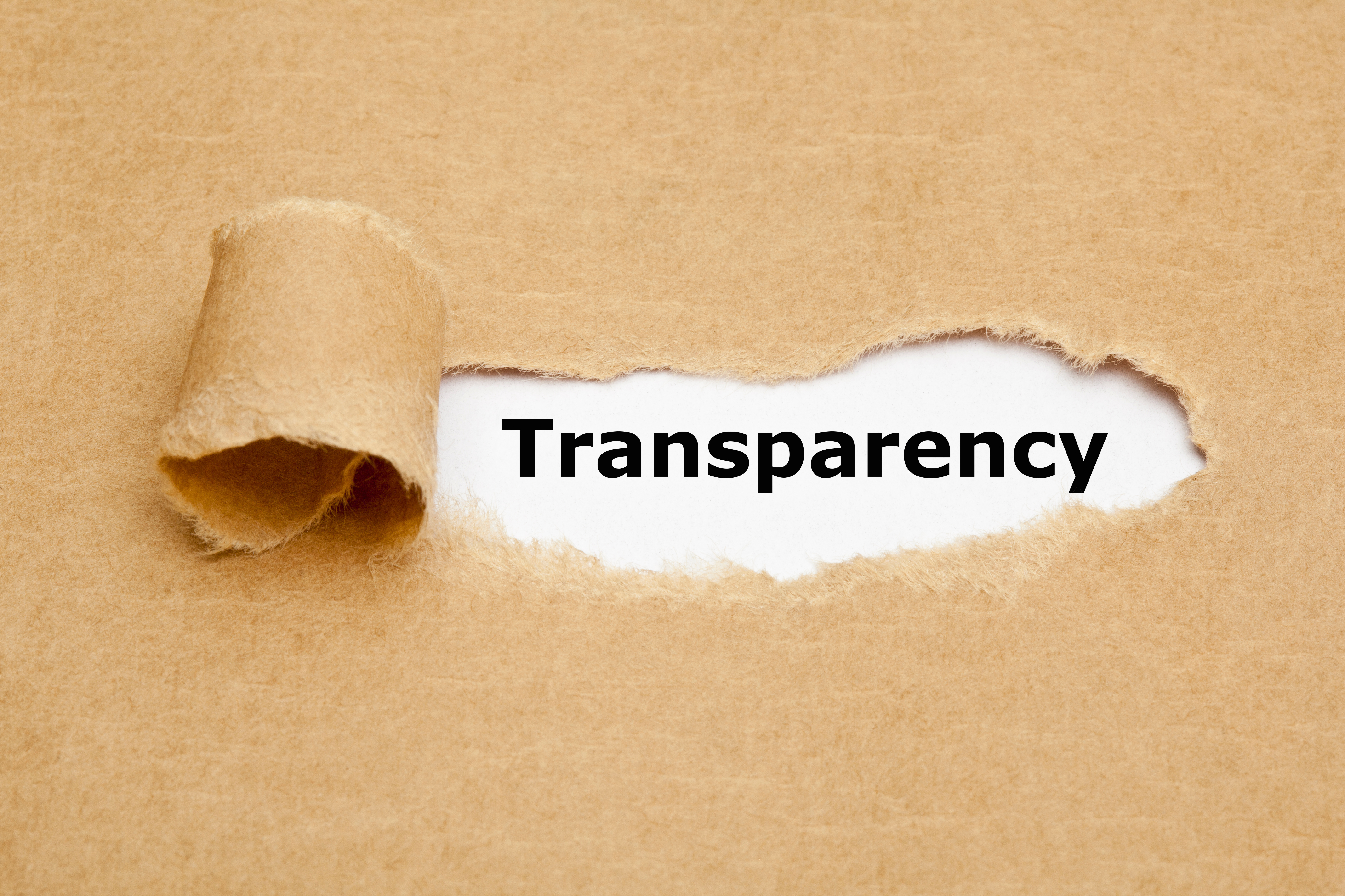The word Transparency appearing behind torn brown paper. 
