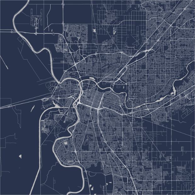 A map of the City of Sacramento. All streets, highways, and features are shown in white, with a blue background.