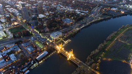 An aerial image of the Tower Bridge and downtown Sacramento