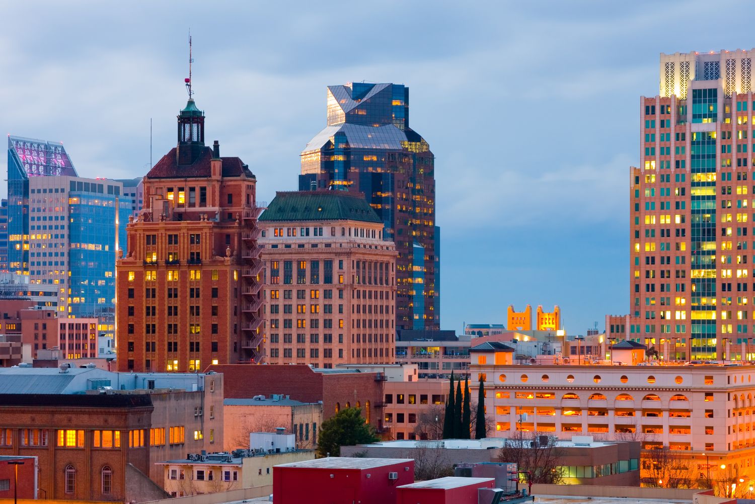 Aerial photo of the downtown Sacramento skyline.