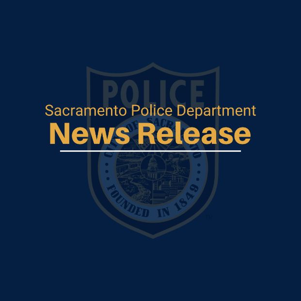 An Icon with the words "Sacramento Police Department  NEWS RELEASE" written in yellow, whihc are displayed on top of an opaque image the Department's official shield, which says "Police" across the top and "City of Sacramento founded in 1849" around the City's seal. the icon has a dark blue background.