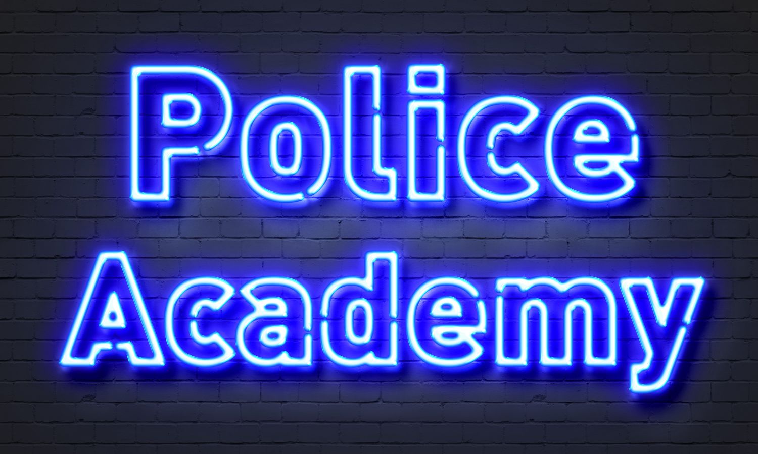 "Police Academy" a blue neon sign on a dark brick wall background