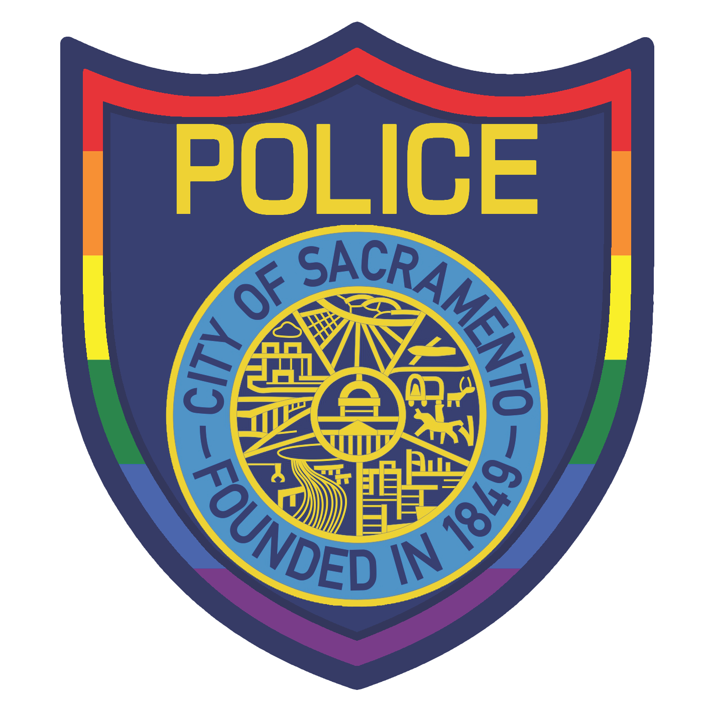 The Sacramento Police Department's official Pride Patch. It is similar to the standard police patch which is blue with the city seal in the center and the word "Police" in yellow above, but this patch also has a rainbow border