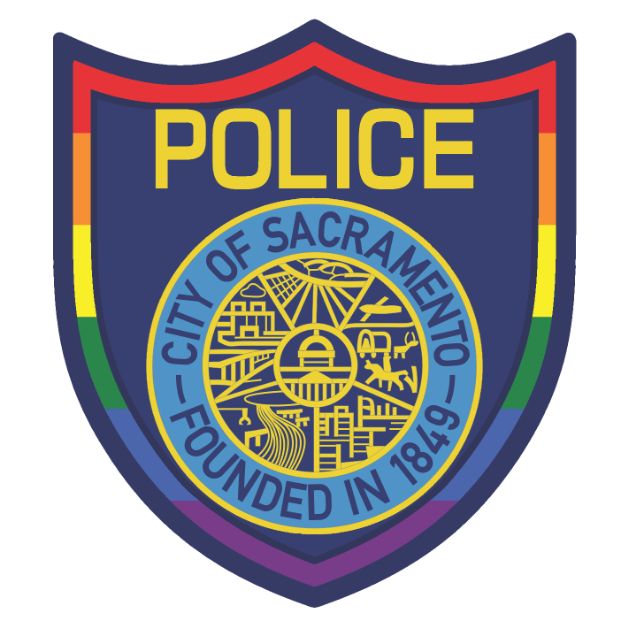 The Sacramento Police Department's official Pride Patch. It is similar to the standard police patch which is blue with the city seal in the center and the word "Police" in yellow above, but this patch also has a rainbow border