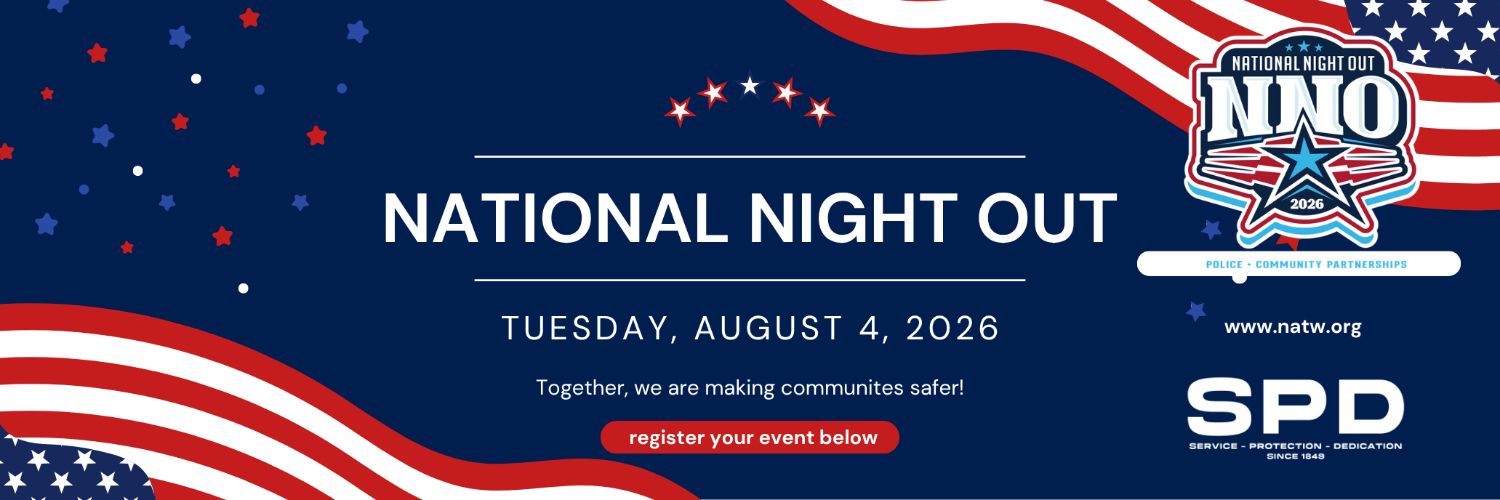 national night out 2025 logo with event info and American flags and stars