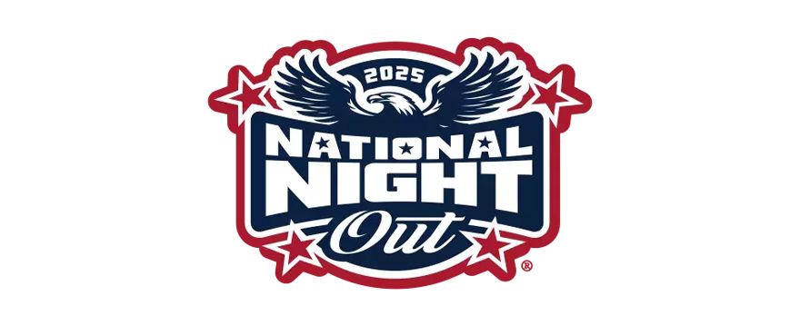 national night out 2025 logo with event info and American flags and stars