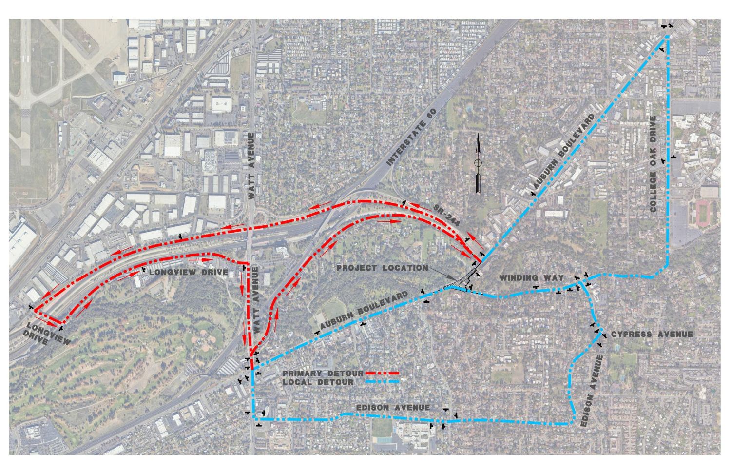 Project map showing east and westbound traffic detours