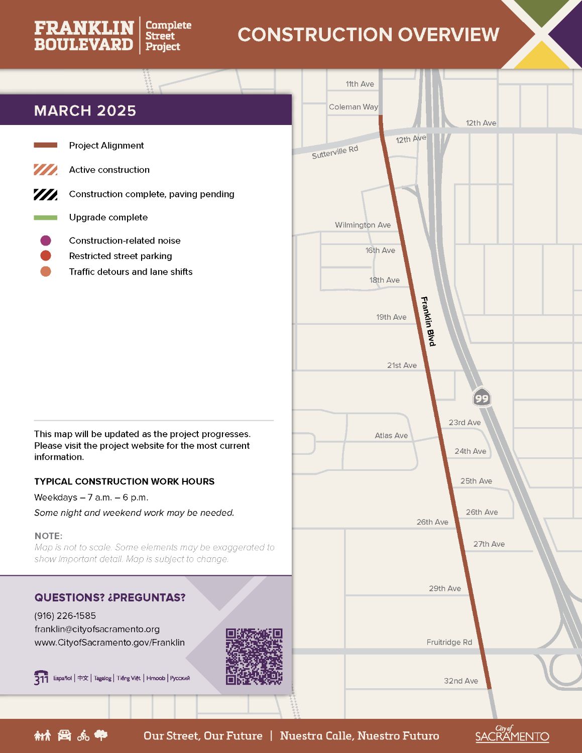 Graphic of construction overview map of the Franklin Boulevard Complete Streets Project.