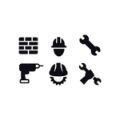 Six icones including a brick wall, a person in a hard hat, a wrench. a drill, a hard hat with a cog underneath, and a person's arm holding a wrench