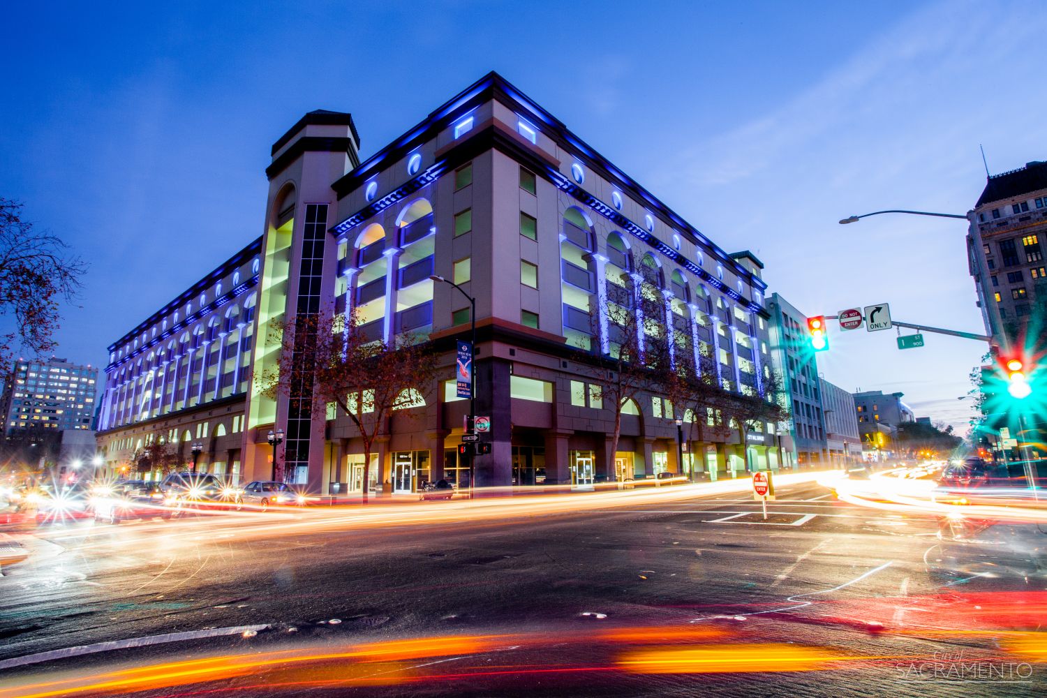 The corner city building at night. 