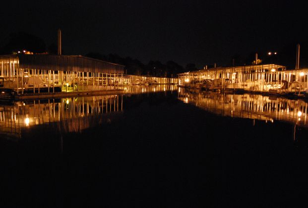 Image of the Sacramento Marina docks at night with lights