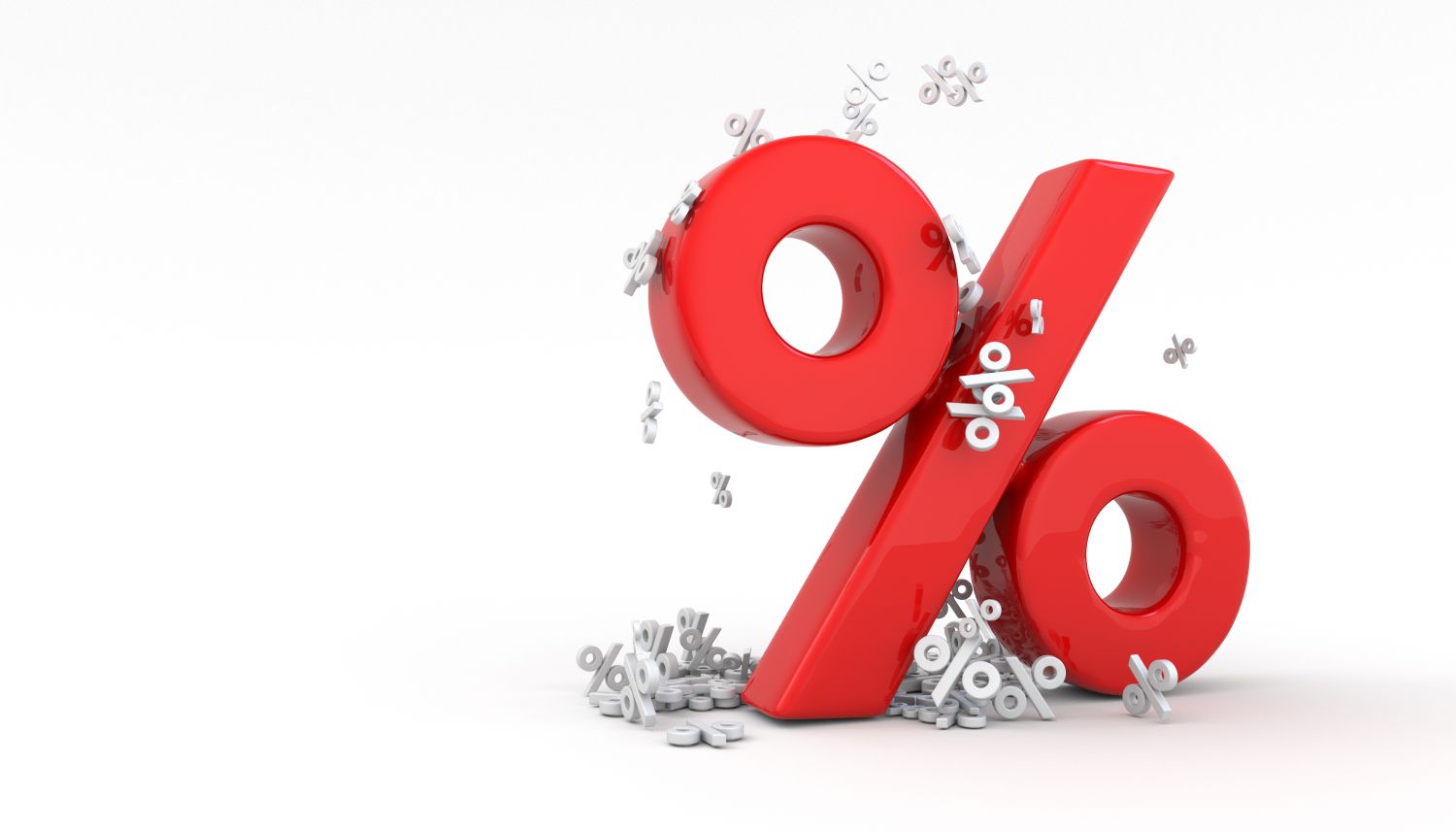 Image of red percentage symbols with smaller, white percentage symbols sprinkling downwards over it