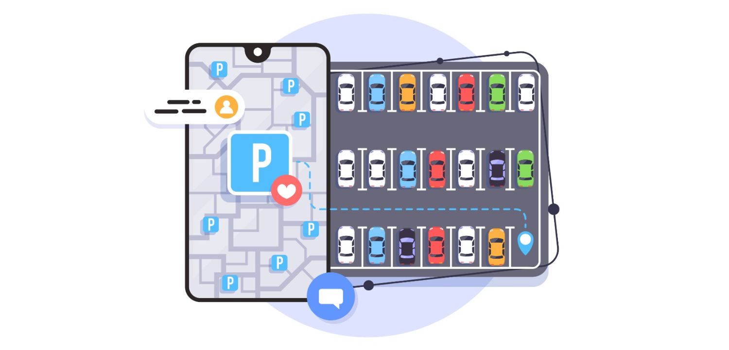 Graphic of cell phone with parking symbol and a parking lot sliding out to the right to indicate location app for parking