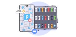 Graphic of cell phone with parking symbol on screen and parking lot attached to the side with cars parked