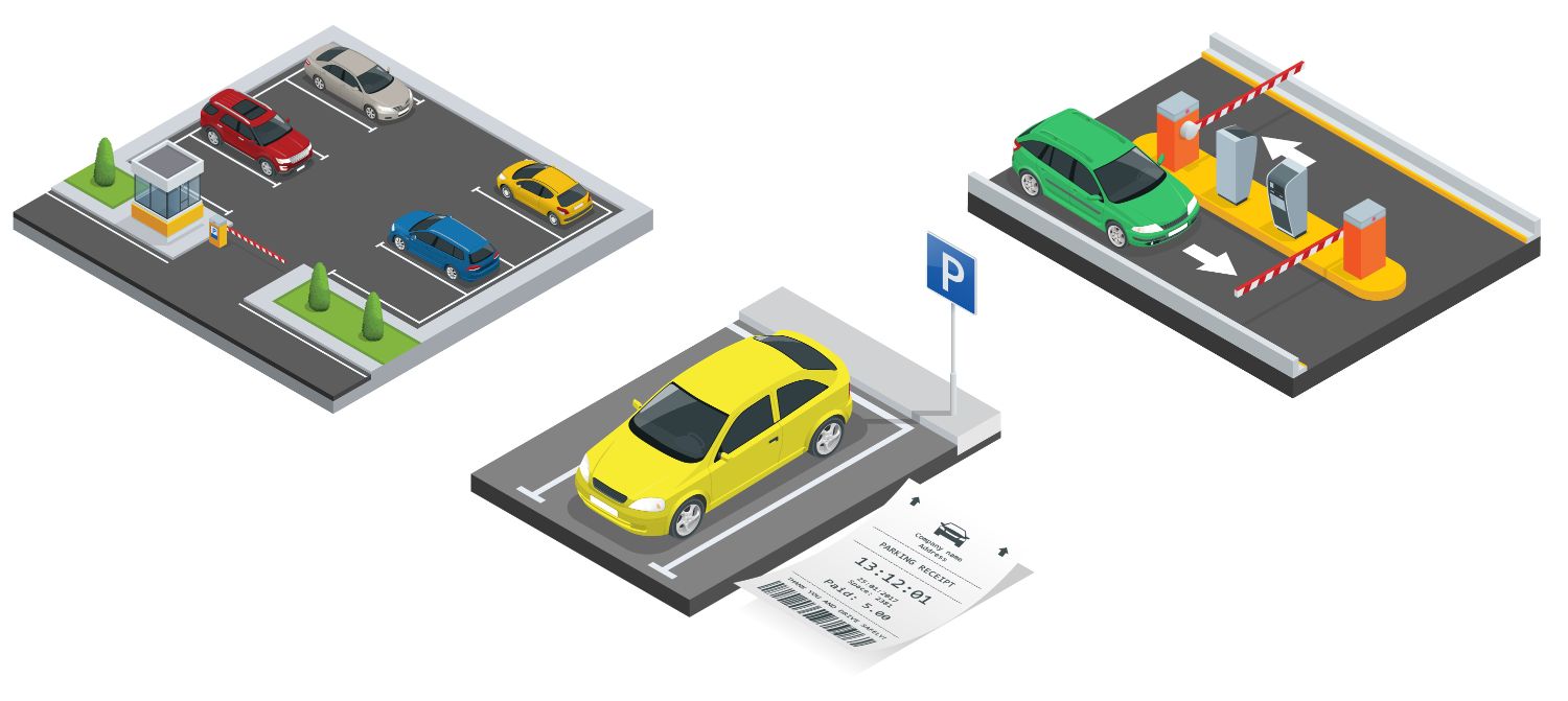 Graphic showing different parking lot icons with vehicles parked on them