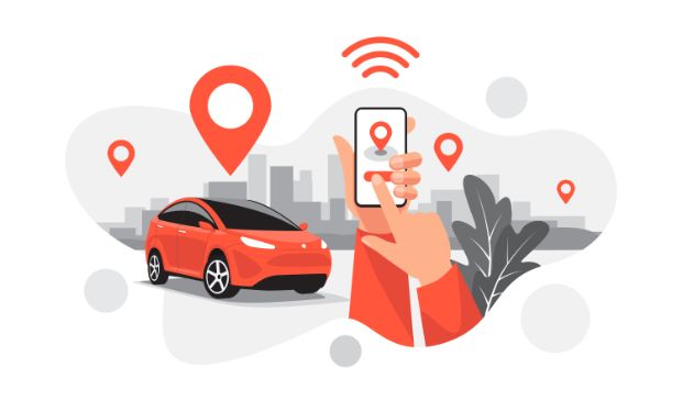 Image of orange vehicles, mobile app, and location icons