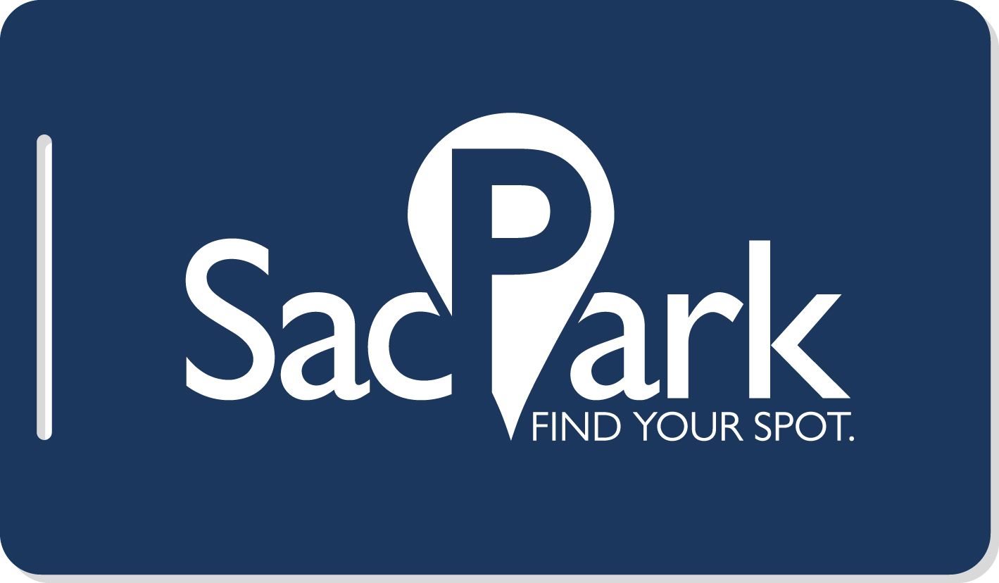 Image of a blue parking access card with the SacPark logo printed in white