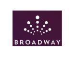 Logo on burgundy background reflecting Broadway Sacramento brand