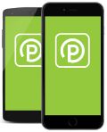 Image of two cell phones with green screens and the Parkmobile logo on the screens